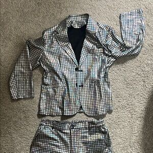 Stylish Silver Checkered Men's Blazer and Pants Set
